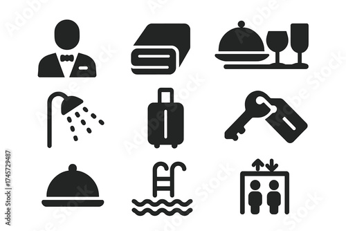 Hotel service glyph icon set for hospitality and travel. Includes receptionist, towel, restaurant, shower, luggage, key, room service, pool, and elevator for UI/UX design.