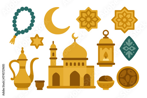 Ramadan Kareem vector icon set. Isolated flat design elements for Islamic holidays. Bundle includes mosque, crescent moon, lantern, prayer rosary, dates, and Arabic coffee pot.