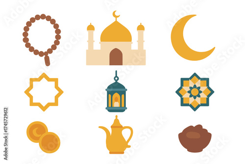 Ramadan Kareem vector icon set. Flat design Islamic celebration graphics. Isolated bundle with mosque, lantern, crescent moon, prayer beads, dates and Arabic coffee pot.