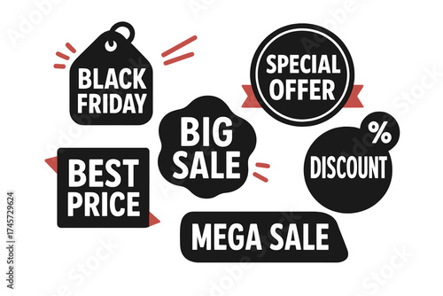 Sale tags collection for Black Friday promotion. Geometric banner set for online shopping. Special offer, best price, mega sale, discount sticker, badge and coupon design.