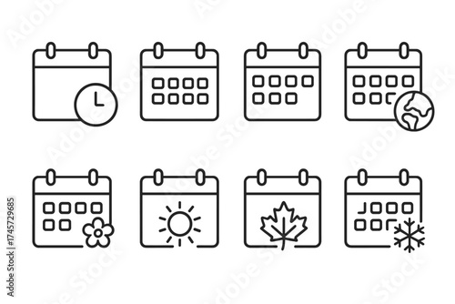 Calendar line icon set. Time management and seasons concept. Date, schedule, planner, organizer symbols. Spring, summer, autumn, winter. Vector illustration for web and app.