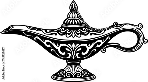 a black and white illustration of a genie lamp,  Aladdin's lamp