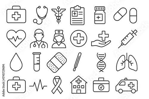 Medical and health care icon set in thin line style. Vector collection of medicine symbols for web and mobile. Doctor, nurse, hospital, pharmacy, ambulance, and first aid icons.