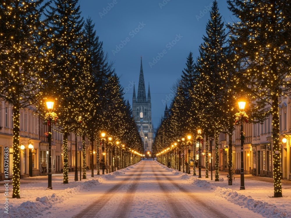 Naklejka premium A snow-covered street illuminated by warm string lights on trees, leading to a distant cathedral under a twilight sky, creating a magical winter scene.