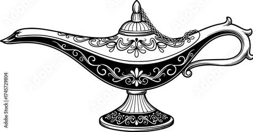 a black and white illustration of a genie lamp,  Aladdin's lamp