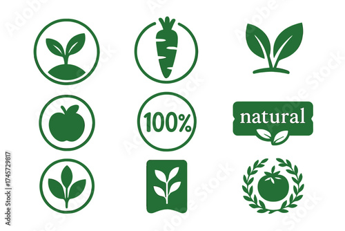 Set of vegan, eco, bio, organic food badges. 100% natural product emblem collection. Fresh, healthy food vector icons for packaging. Green labels, tags, sticker illustration.