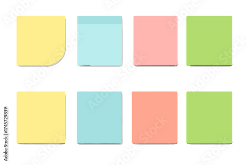 Set of colorful sticky post notes. Blank square memo paper sheets. Office reminder sticker collection. Note pad for to-do lists and messages. Vector design element mock up.