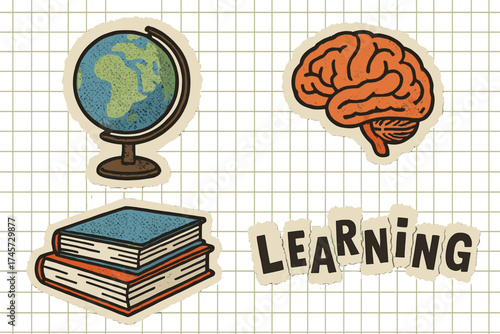 Back to school learning concept collage. Education and knowledge symbols. Globe, books, brain icons. Study, geography, mind, intelligence. Trendy zine style torn paper vector set.