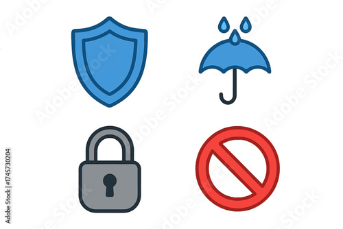 Security and protection symbols set with shield, umbrella, lock, and prohibition sign. Safety icons collection for privacy, defense, waterproof, and access restriction concepts.
