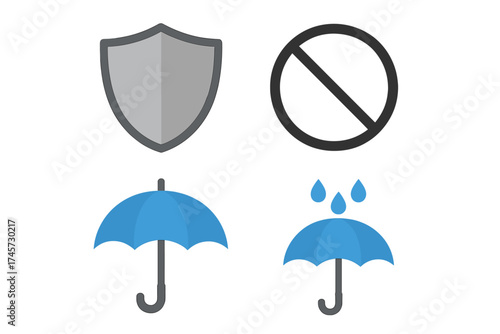 Shield and prohibition symbol with blue umbrella and rain drops, protection and safety icons isolated on white background, security concepts, weather shelter, guard and block elements