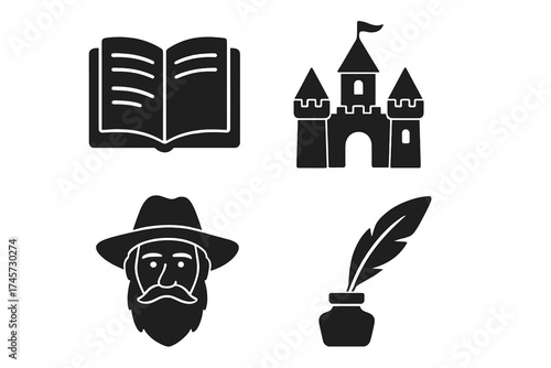 Isolated story and fantasy objects collection with open book, medieval castle, bearded man with hat, and ink bottle with feather quill, history and literature symbols