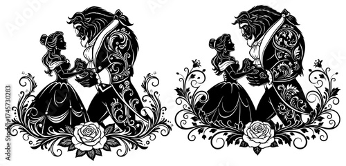 Vector art of beauty and the beast dancing with rose hand drawn vector illustration
