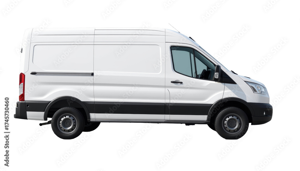 Fototapeta premium Delivery Action White Cargo Panel Van in Urban Environment Side View for Transport Industry Insights