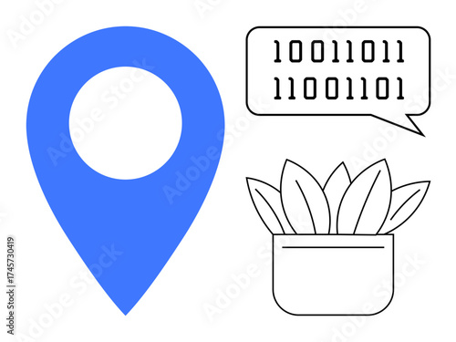 Blue map pin beside a speech bubble with binary code and a potted plant sketch. Ideal for technology, navigation, coding, environment, sustainability, digital solutions, and modern communication
