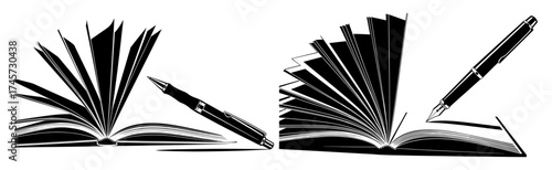 Illustration of open books with pens, , perfect for education, writing, or creative projects