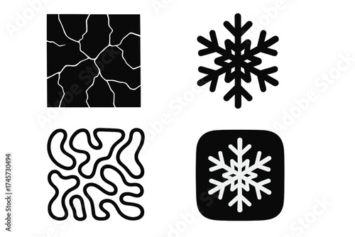 Isolated texture and frozen logo set, abstract cracked pattern, organic flow shapes, stylized snowflake and winter design, vector icons for graphic design