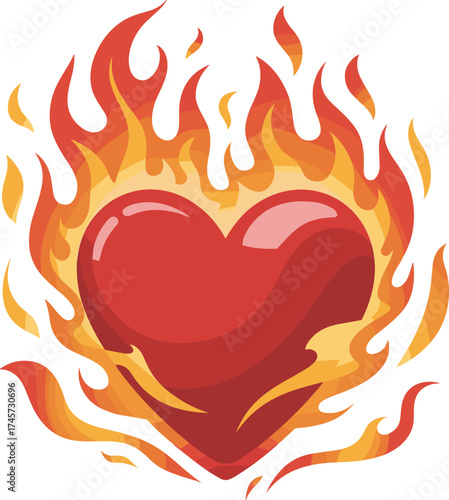 Heart, flame, burning, love, passion, fire, red, orange, yellow, emotion, vector, illustration, symbol, graphic, hot, romantic, glossy, heat, desire, icon