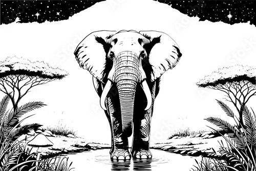 Vector art of majestic african elephant in the savannah, wildlife scene with starry sky and trees