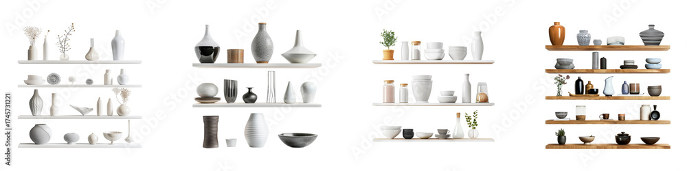 Variety of decorative objects on shelves showcasing different styles colors