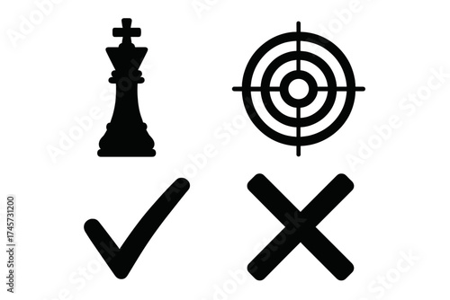 Chess King Piece and Target Icon with Checkmark and Cross Symbols. Strategic game design elements for winning, success, and decision-making. Vector set of gameplay and goal concepts