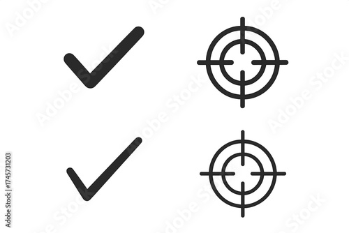 Vector set of checkmark symbols and target bullseye icons collection. Minimalist flat design of check sign, check mark, confirmation, correctness, and target, aiming accuracy concepts.