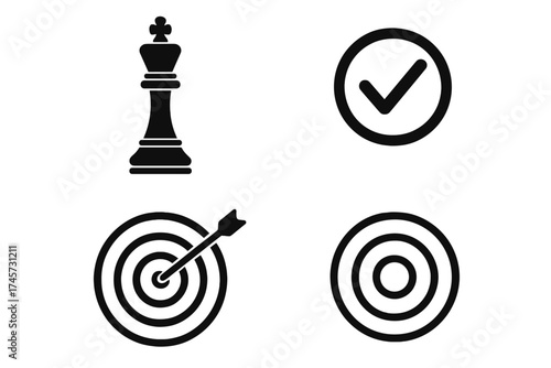 Vector Collection of Chess King Piece, Checkmark Icon, Dartboard with Arrow Target, and Bullseye Target Symbols for Strategy, Accuracy, Goal Setting, and Success Concepts
