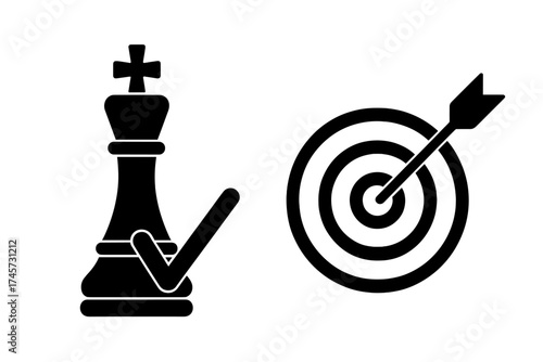 Vector chess king piece with checkmark and target board with arrow, strategic success concept, game strategy icon, checkmate symbol, goal achievement design