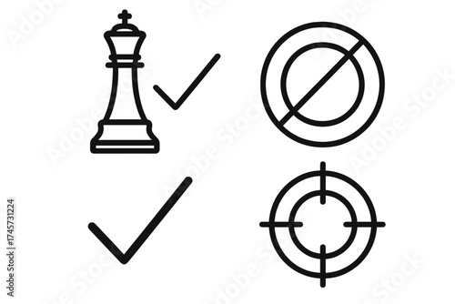 Vector set of chess checkmate icon, chess king piece with check mark, check symbol, prohibited sign and target aim symbol, thin line style, strategic game elements