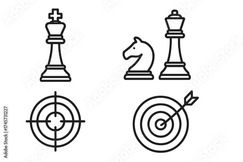 Vector chess checkmate pieces and target symbols collection, strategy concept with king, queen, knight chess icons, precision aiming target with arrow, game and success illustration