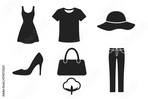 Fashion and garment vector icons set including dress, t-shirt, wide brim hat, high heel shoe, handbag, jeans, and cotton symbol for clothing design
