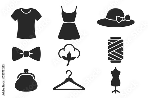Fashion and garment vector icon set with dress, t-shirt, bow tie, hat with bow, cotton flower, sewing thread spool, purse, hanger, and mannequin silhouette, clothing design symbols