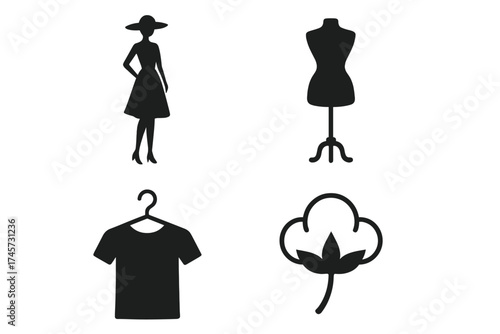Fashion and garment vector logo collection with elegant woman silhouette, classic dress mannequin, shirt hanger icon, and cotton plant symbol for textile and clothing design