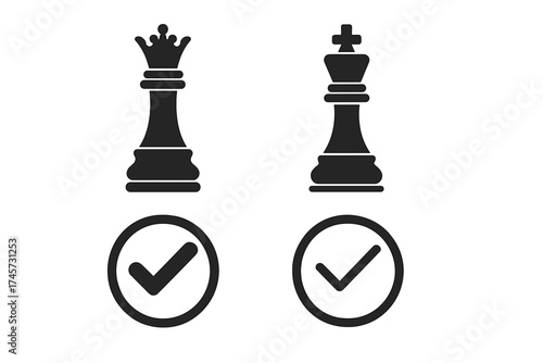 Chess king and queen pieces with checkmark symbols, vector design, checkmate concept, chess strategy icons, game symbols, winner marks, strategy game elements, isolated black icons