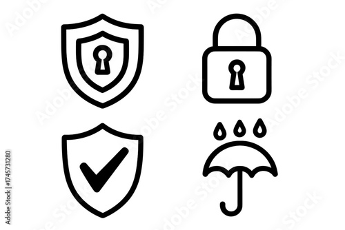 Protective security shield and padlock icons set, safety checkmark and umbrella symbol with rain drops, vector illustration of protection and secure concepts, closed lock and safety shield designs