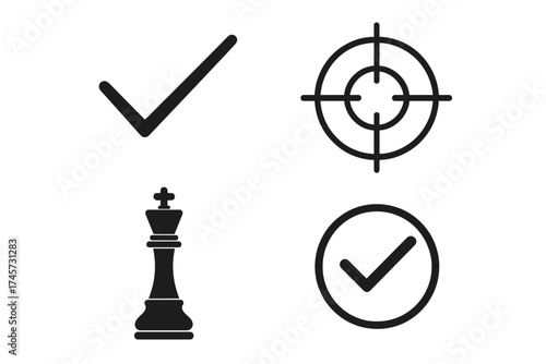Black Chess King Piece and Thin Vector Symbols Collection with Check Marks, Target Icon, and Circle Checkmark, Strategy, Success, and Verification Signs