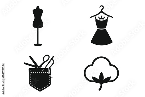 Fashion and garment vector design collection silhouette icons. Dress mannequin, elegant dress on hanger, sewing tools in pocket, cotton plant symbol. Apparel industry, tailoring, textile concepts.