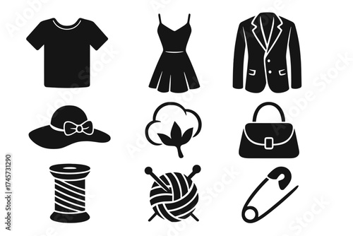 Vector set of fashion and garment icons including clothing, dress, jacket, hat, cotton, purse, thread spool, knitting yarn, and safety pin design elements for textile and style concept