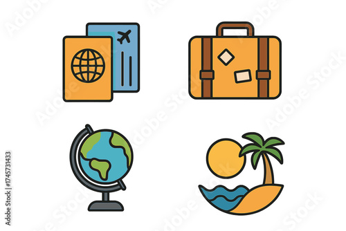 Travel icons set with passport, airline ticket, suitcase, globe, and tropical beach sun ocean palm, vacation symbols vector illustration, travel essentials concept