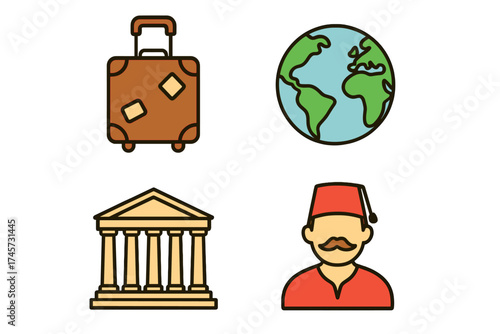 Vintage travel suitcase, globe earth map, classical ancient architecture with columns, and traditional man in fez hat flat icon set for global tourism and cultural heritage concepts