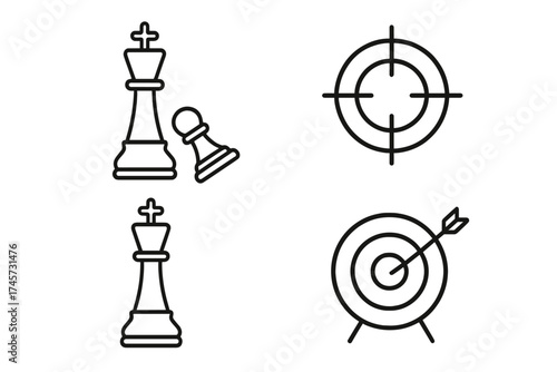 Checkmate and Target Icons Set. Vector Illustration of Chess King and Pawn Pieces, Victory Concept with Arrow Hitting Bullseye, Precision Target Aim, Strategy Game Elements, Thin Outline Style