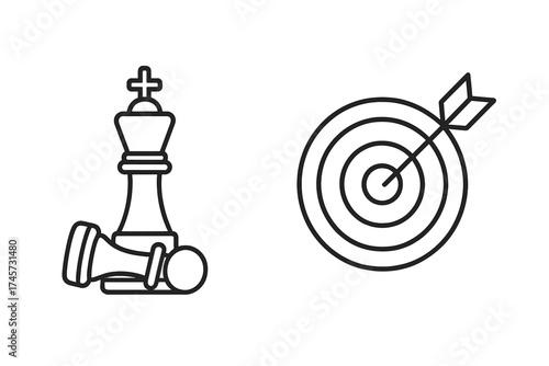 Vector illustration of chess checkmate with king and fallen pawn pieces paired with bullseye target and arrow hitting center. Strategic success concept, game win, precision, focus icon set.
