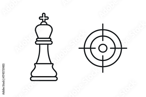 Vector illustration of chess king piece and target symbol, checkmate concept, strategy and goal achievement icons, minimalist line art for game, focus, precision, winning move design