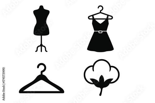 Fashion and garment vector icons collection. Dress on hanger, clothes hanger silhouette, cotton plant symbol, and tailor mannequin silhouette set. Clothing and textile industry concepts