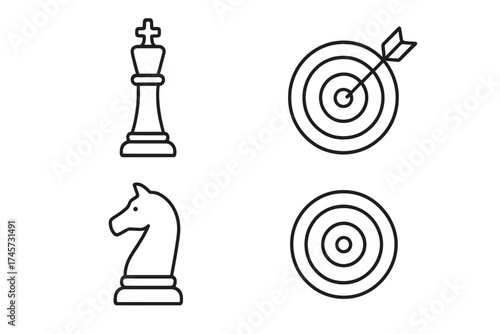 Vector chess game icons set including king and knight pieces, target with arrow and bullseye. Strategy game symbols, checkmate concept, aim, precision, victory vector illustration.