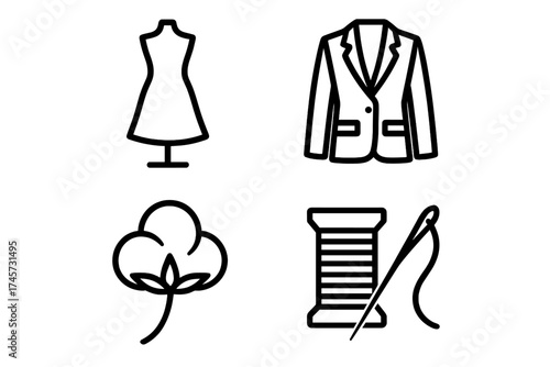 Fashion and garment industry logo collection including dress form mannequin, tailored blazer jacket, cotton plant fiber symbol, and sewing needle with thread for textile design