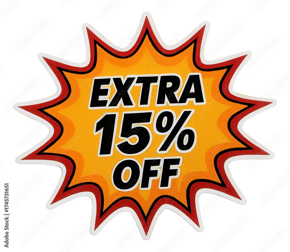 Fototapeta premium Bright yellow starburst sticker with EXTRA 15% OFF promotion in bold font, attention-grabbing retail discount offer on transparent background.