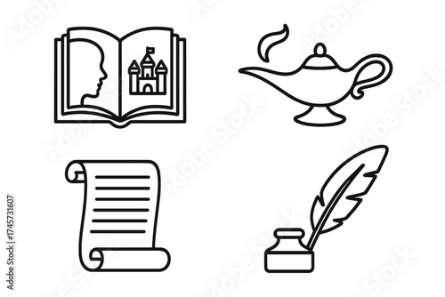 Storytelling icons set with magic lamp, open book with castle and face silhouette, ancient scroll, and quill with ink jar symbols for fairy tale and literature concept