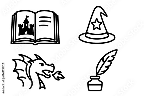 Fantasy storybook and magical items vector icons set with castle book, wizard hat, fire-breathing dragon, and ink quill pen illustration for fairy tale design