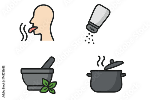 Taste and Cooking Vector Icons Set. Human Tongue Sensing Flavor, Salt Shaker Sprinkling, Mortar and Pestle with Herbs, Steaming Cooking Pot with Lid. Food Flavoring and Culinary Preparation Concepts