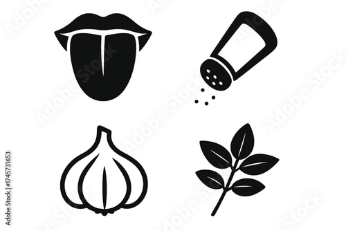 Taste and seasoning icons set with tongue, salt shaker, garlic bulb and fresh leaves. Flavor symbols, cooking herbs, culinary spices, food seasoning concepts, kitchen ingredients illustration